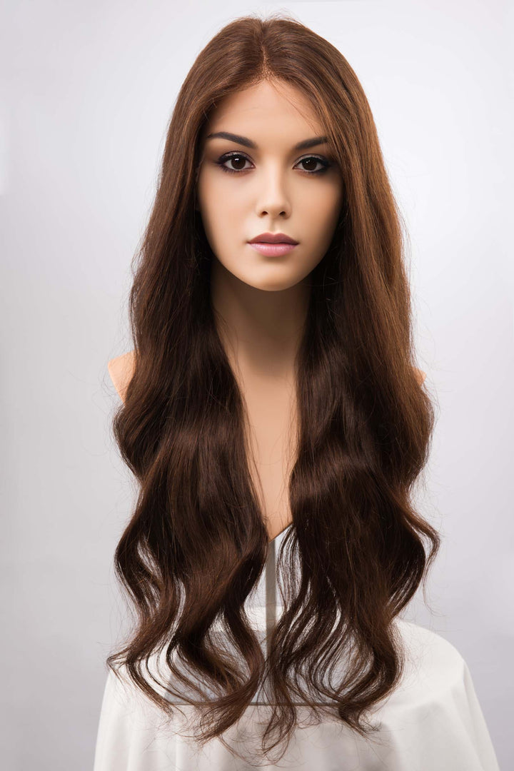 Long 28 inches Natural Brown Wavy Human Hair Lace Front Wig Isabelle