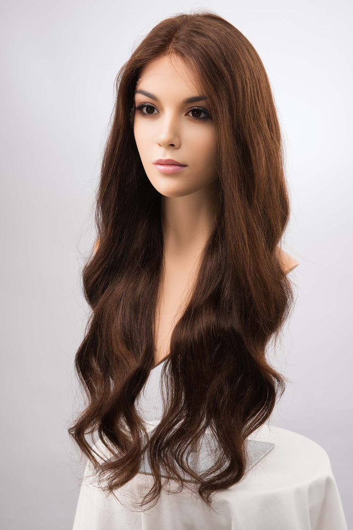 Long 28 inches Natural Brown Wavy Human Hair Lace Front Wig Isabelle