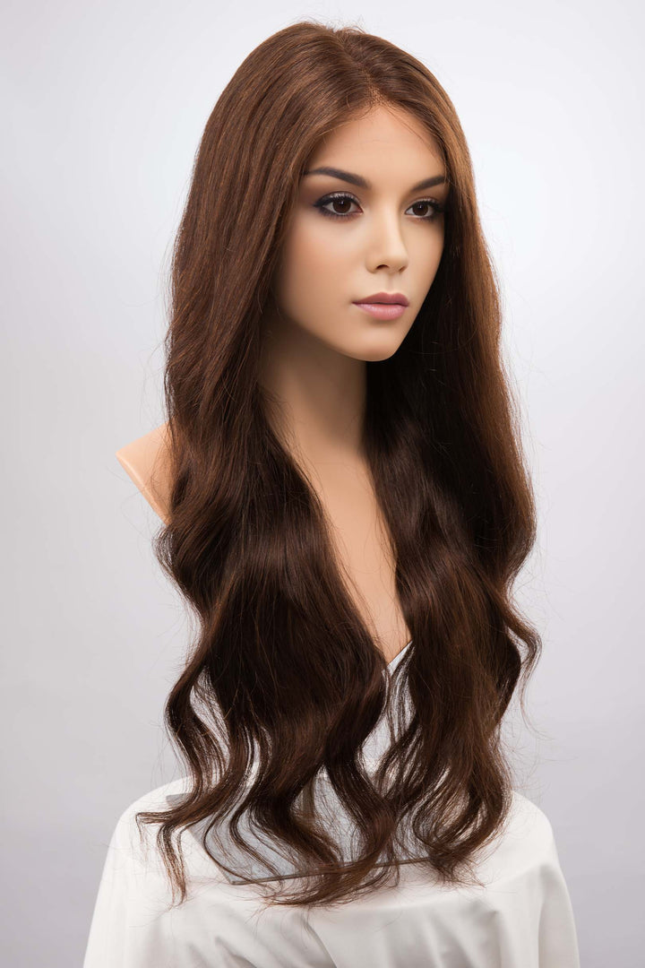 Long 28 inches Natural Brown Wavy Human Hair Lace Front Wig Isabelle