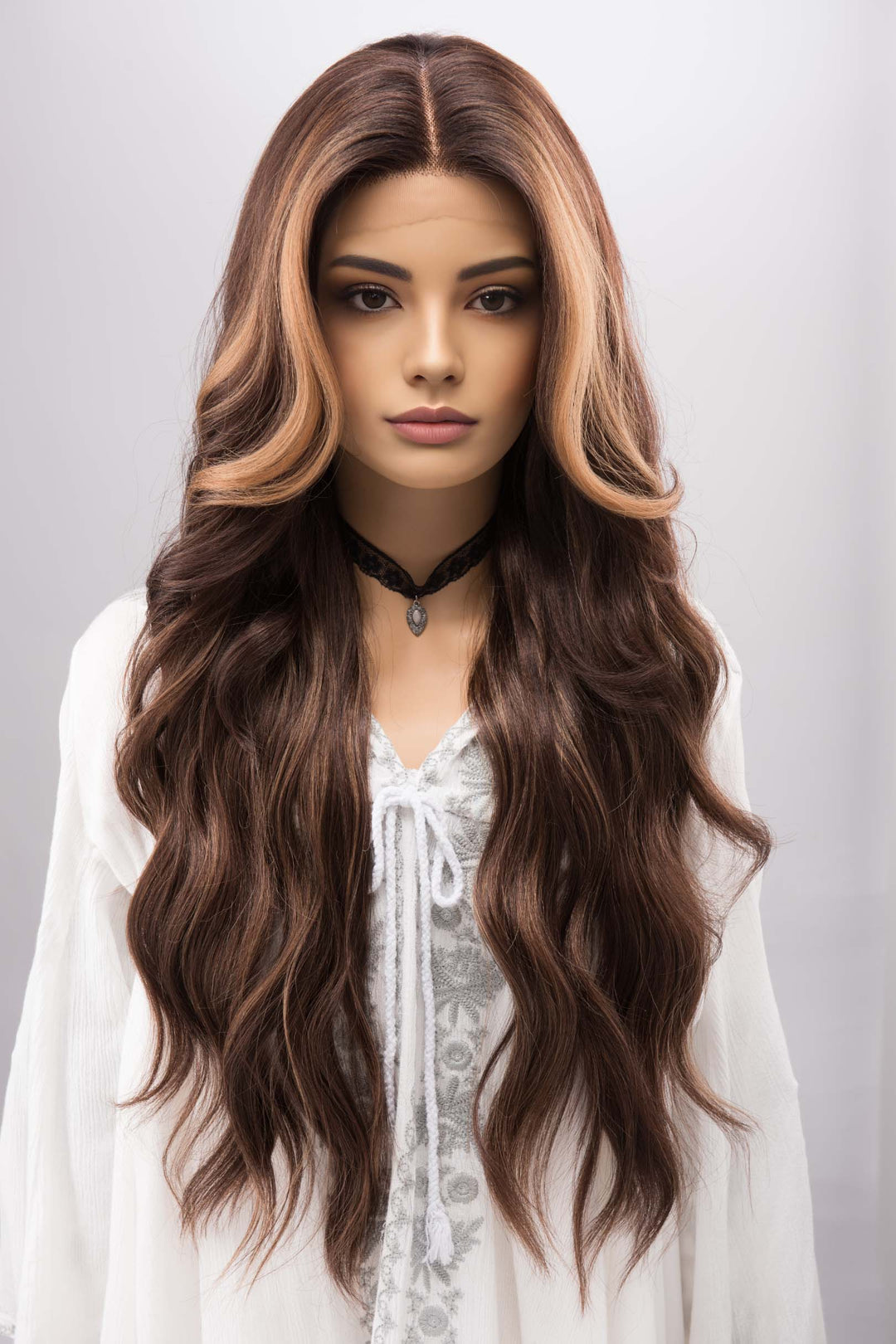 Brown with Blonde Highlights Wavy Lace Front Synthetic Wig with Curtain Bangs Kyra