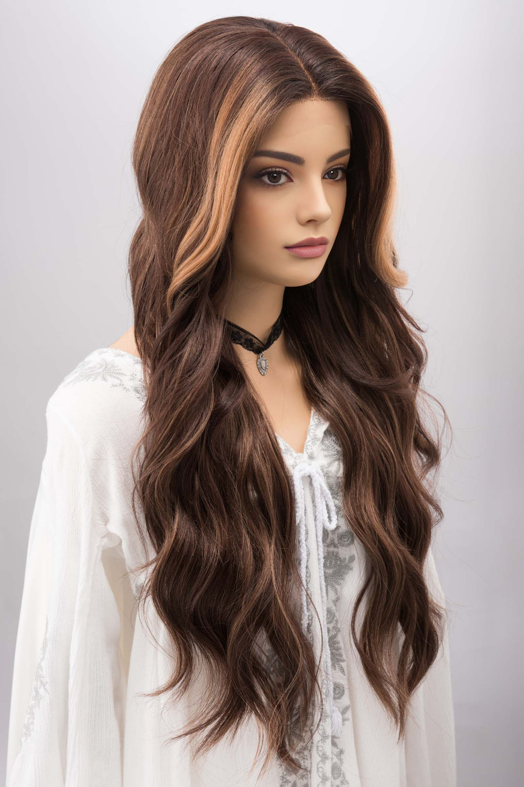 Brown with Blonde Highlights Wavy Lace Front Synthetic Wig with Curtain Bangs Kyra
