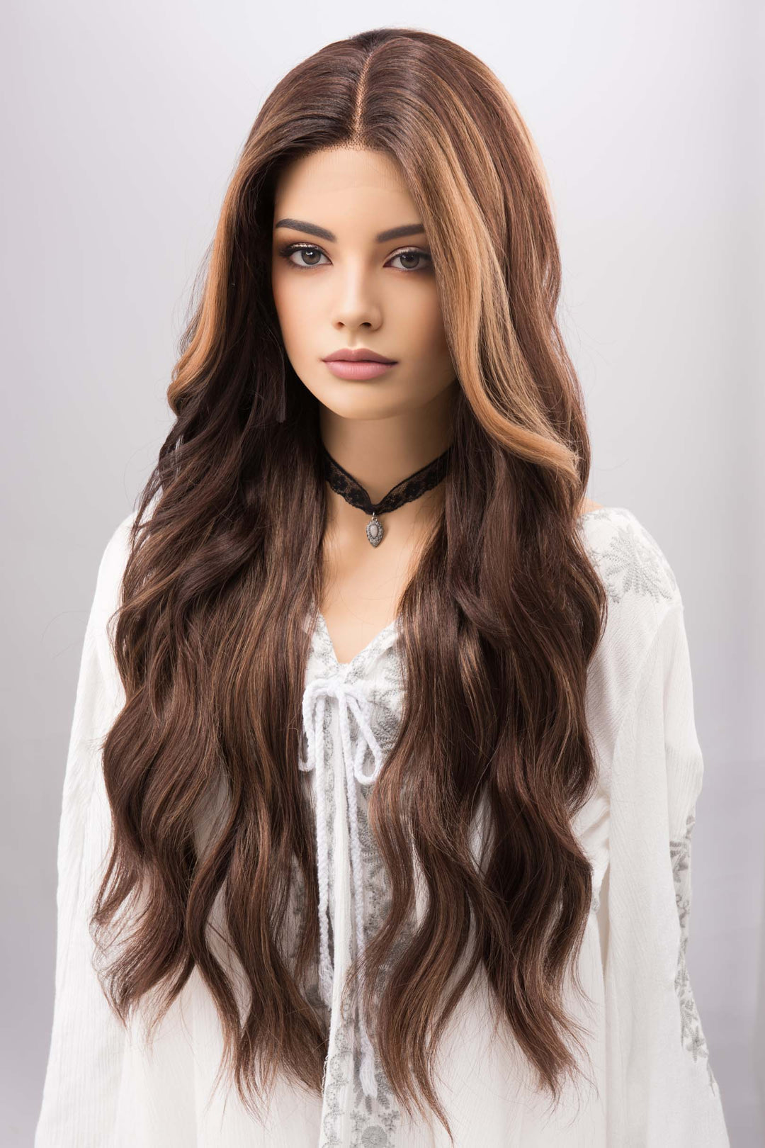 Brown with Blonde Highlights Wavy Lace Front Synthetic Wig with Curtain Bangs Kyra