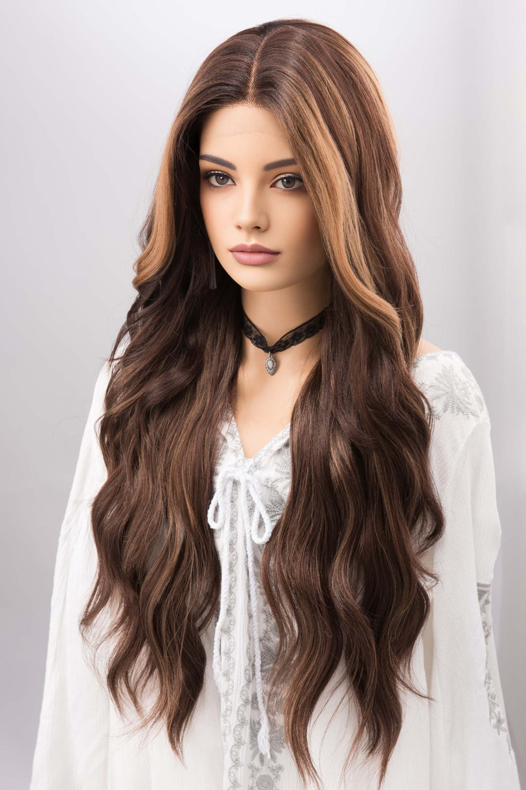Brown with Blonde Highlights Wavy Lace Front Synthetic Wig with Curtain Bangs Kyra