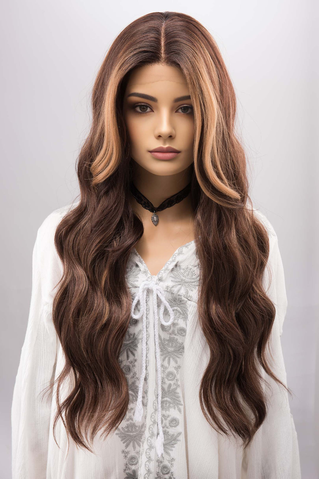 Brown with Blonde Highlights Wavy Lace Front Synthetic Wig with Curtain Bangs Kyra