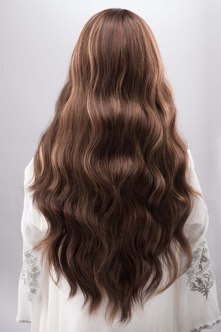 Brown with Blonde Highlights Wavy Lace Front Synthetic Wig with Curtain Bangs Kyra