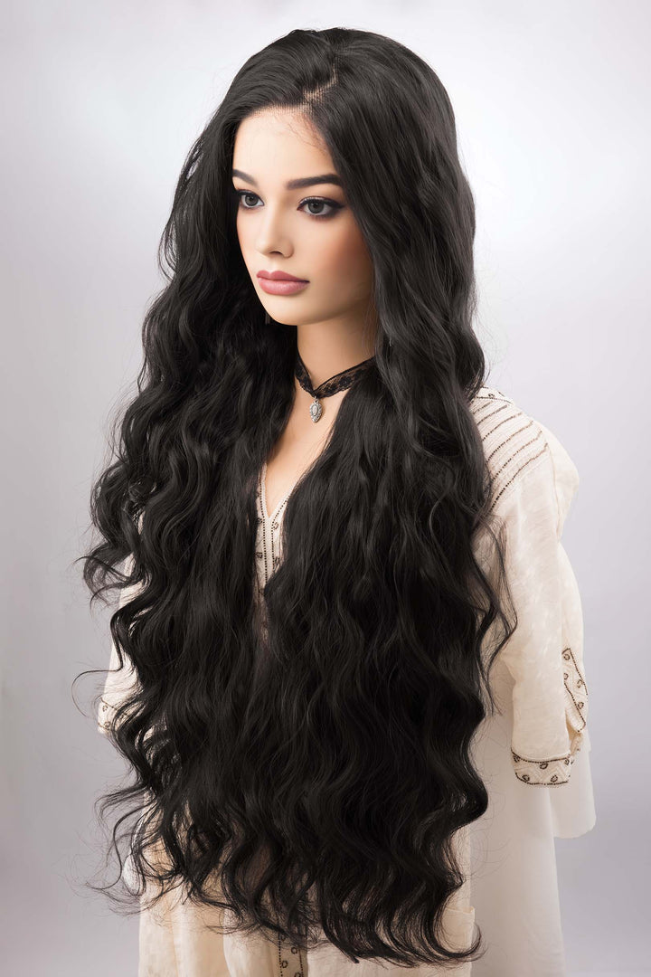 Natural Black Curly Lace Top Synthetic Wig Maxwell